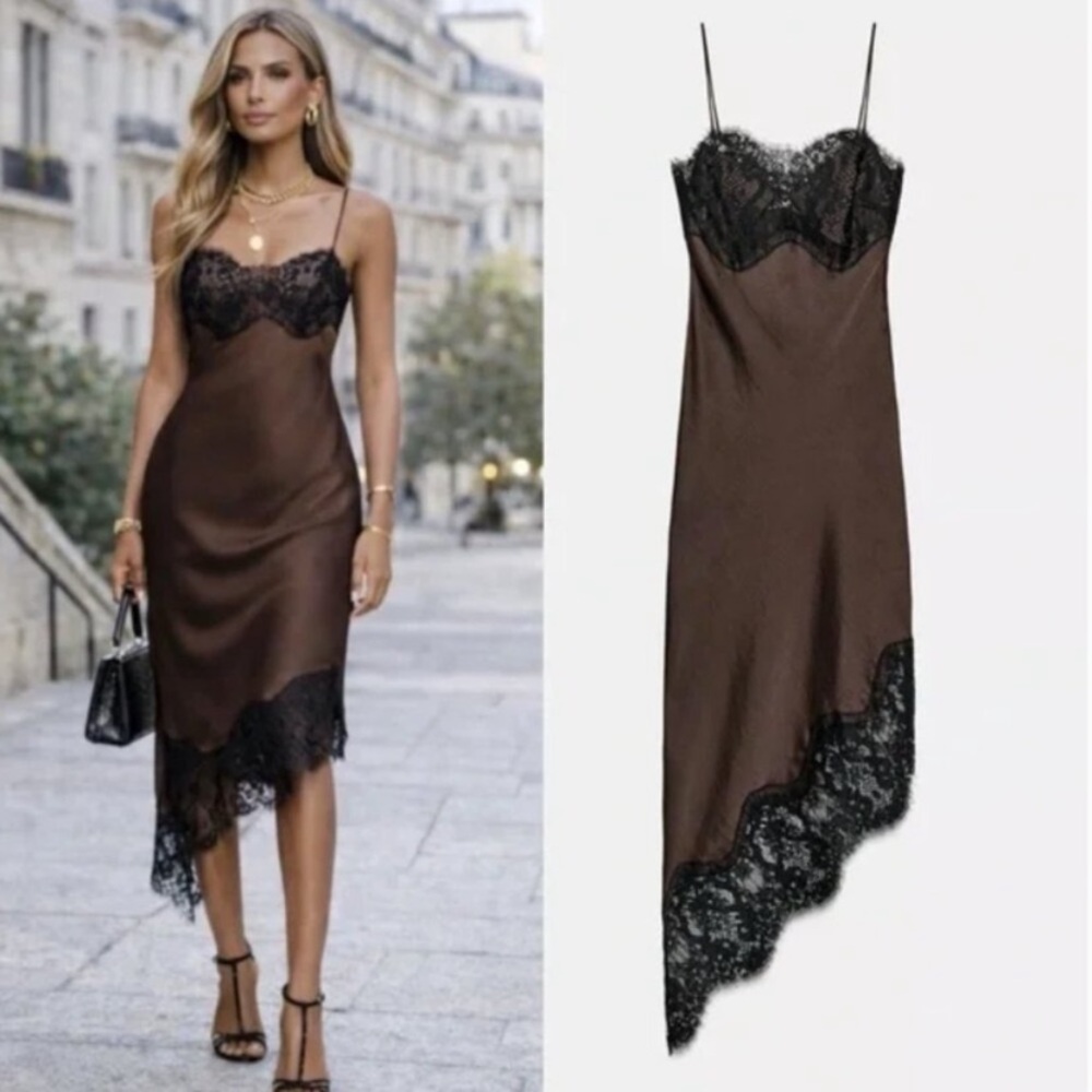 ZARA ASYMMETRIC SATIN LACE DRESS ZW COLLECTION BLACK BROWN Large